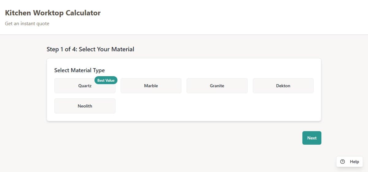The actual Castia worktop calculator showing the initial material choices