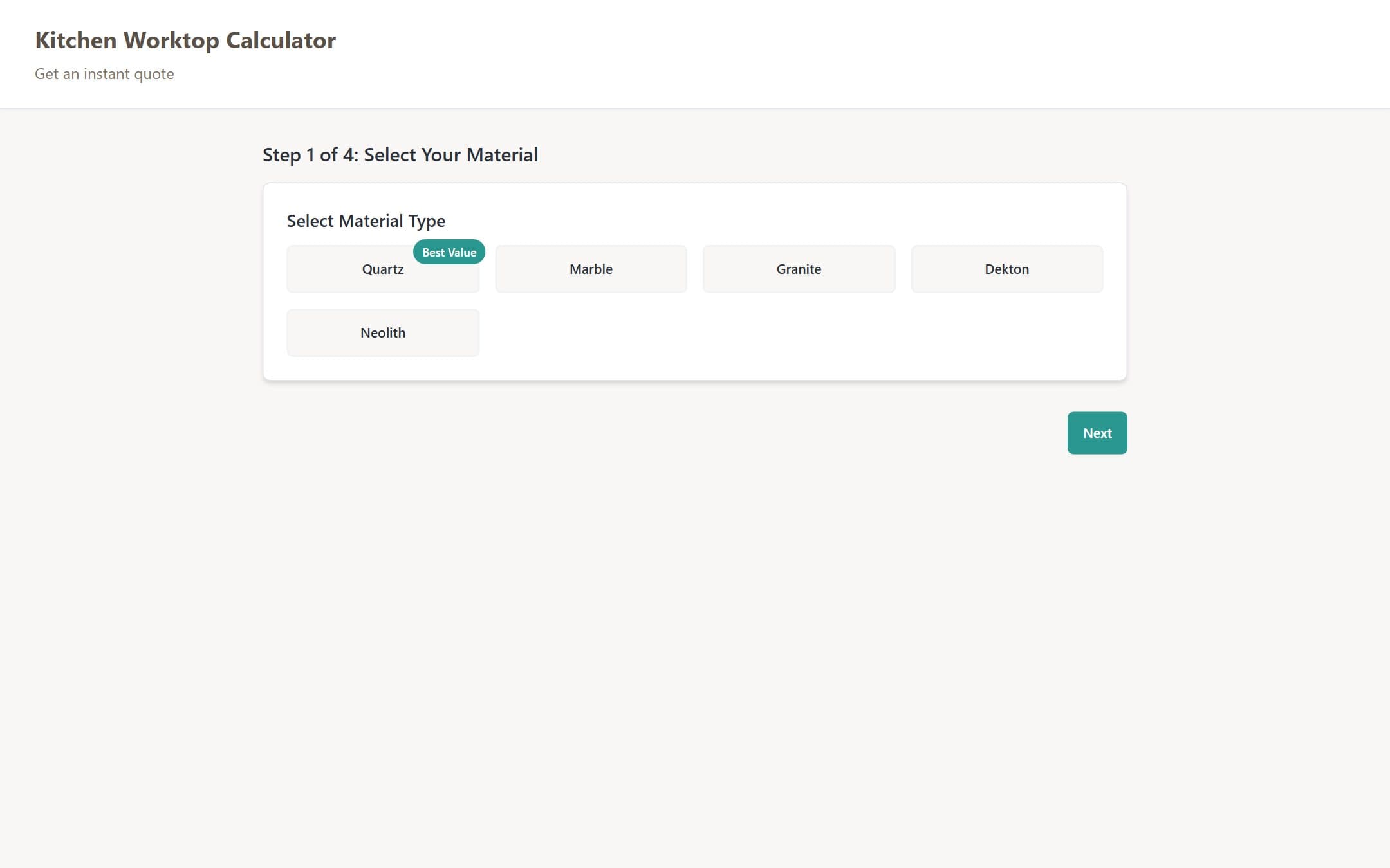 The Castia instant-quote calculator on desktop, at the first step: choosing a worktop material