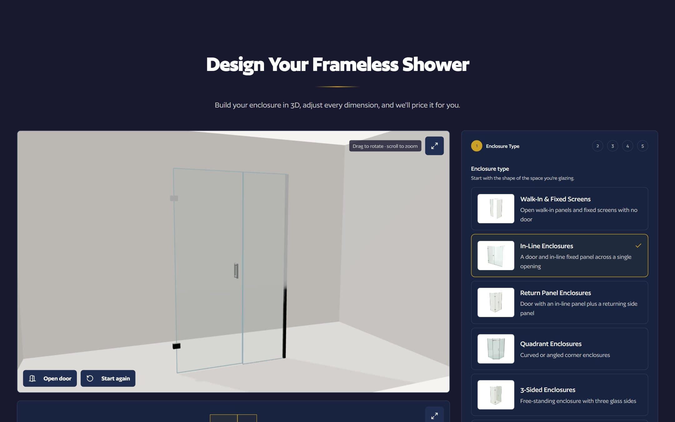 The frameless-showers designer: a 3D shower enclosure beside the step-by-step enclosure options