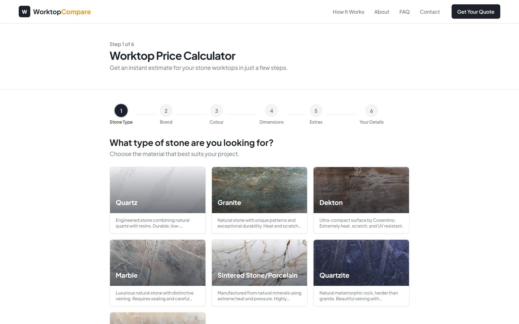 The worktop-compare quote calculator at the first step: choosing a stone type