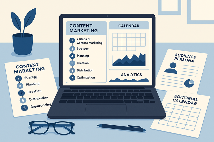 Overhead view of a laptop displaying content marketing analytics and calendar templates on a organized desk with strategy planning documents and charts showing UK SME marketing performance metrics.