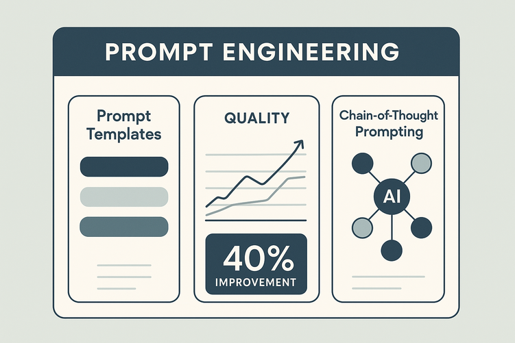 Digital interface showing prompt engineering framework with structured templates, performance metrics, and AI optimization workflows in a professional business setting.