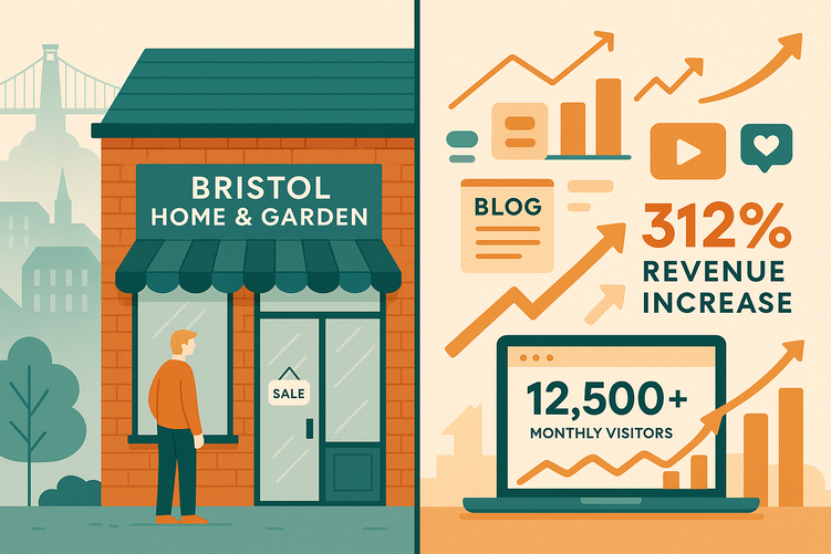 Split comparison image showing Bristol Home & Garden's transformation from a quiet physical store to a successful online business with website analytics displaying over 12,500 monthly visitors and growth charts indicating 312% revenue increase.