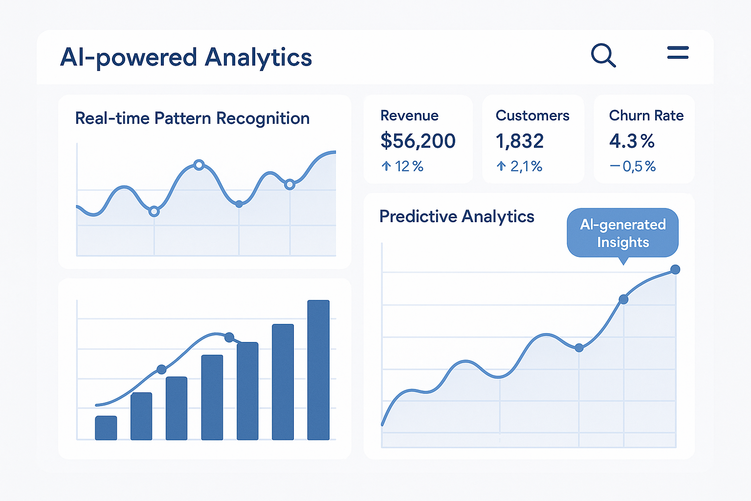 Interactive AI analytics dashboard showing multiple colorful charts, graphs, and key business metrics with machine learning insights and predictive trend lines on a modern digital interface.
