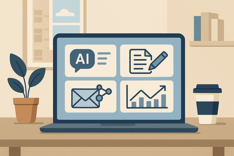 Digital dashboard displaying multiple AI tool interfaces including chatbots, content creation, and analytics features on a laptop screen in a small business office setting.