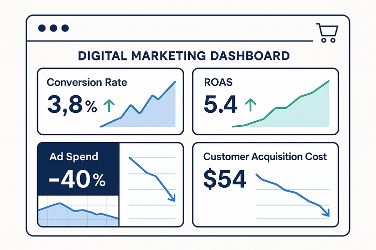 Digital marketing analytics dashboard showing multiple graphs with rising conversion rate and ROAS metrics alongside declining ad spend and CAC costs, demonstrating e-commerce advertising optimization results.