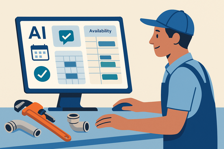 Split-screen image showing plumbing tools on one side and a digital tablet displaying an automated scheduling calendar with customer appointments on the other side, representing AI business automation for tradespeople.