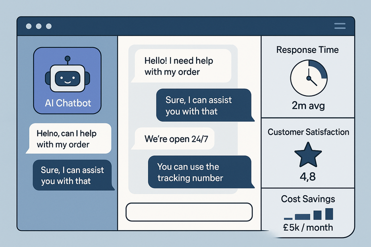 Computer screen showing an AI chatbot dashboard with active customer conversations, real-time analytics graphs displaying response rates and satisfaction metrics, and a clean interface demonstrating automated customer service technology.