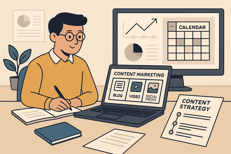 Business workspace with laptop displaying content marketing dashboard, planning documents, and analytics charts showing blogs, social media channels, and performance metrics for UK small business marketing strategy.