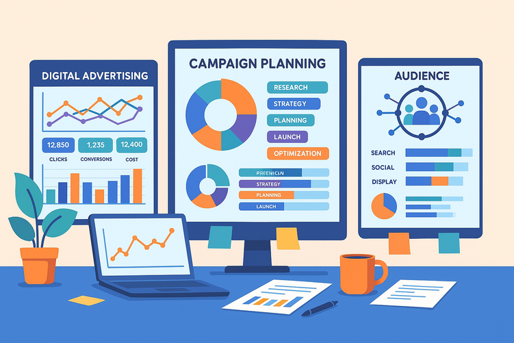 A multi-screen digital dashboard displaying advertising campaign analytics with colorful graphs, audience segmentation data, channel performance metrics, and strategic planning tools in a professional marketing workspace.