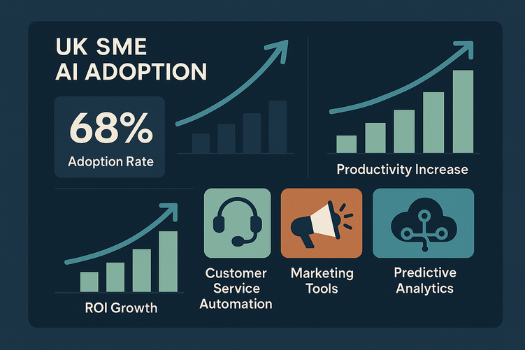 Digital dashboard showing UK SME AI adoption statistics with upward trending graphs displaying 68% adoption rate, productivity metrics, and ROI figures alongside business automation icons.