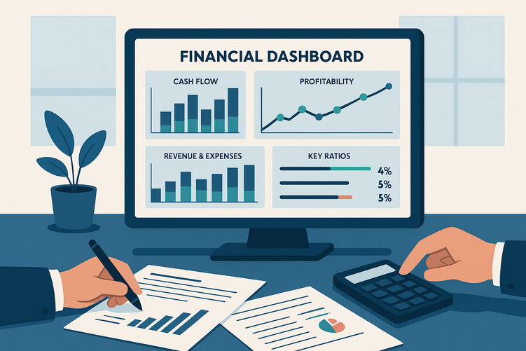 Modern financial analytics dashboard showing business health metrics including cash flow graphs, profitability charts, and key financial ratios displayed on a digital screen in a professional office setting.