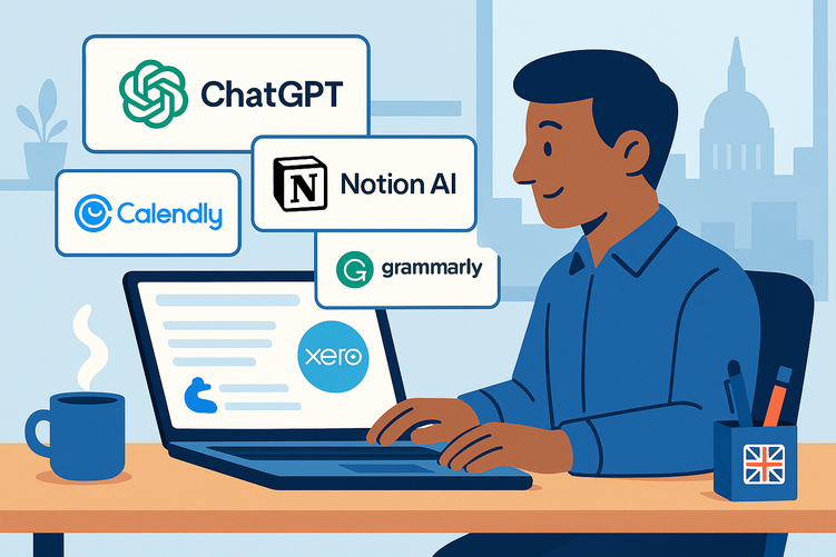 UK business professional viewing laptop displaying multiple AI software interfaces including ChatGPT, Notion, Calendly, Grammarly and Xero on screen in modern office setting.