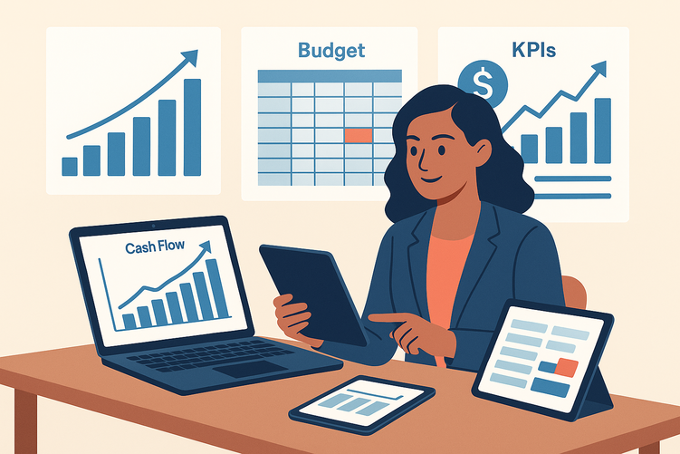 Business owner smiling while analyzing financial charts and cash flow data on digital devices, with upward-trending graphs and budget spreadsheets visible on screen.