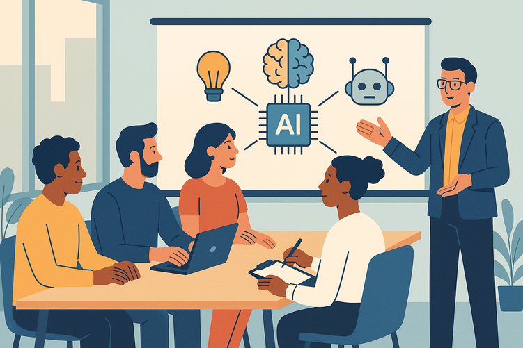 Manager standing at whiteboard with simple AI diagrams presenting to engaged diverse team of professionals seated around conference table in bright modern office.
