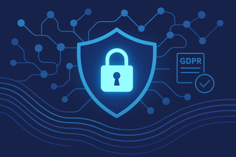 Digital security shield with padlock protecting AI network nodes and data streams, representing UK GDPR compliance and data privacy protection for small business artificial intelligence systems.