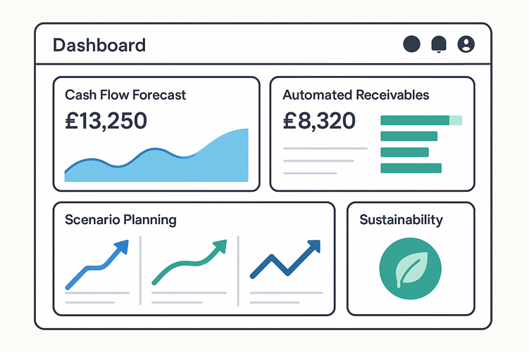 Digital financial dashboard showing real-time cash flow graphs, AI forecasting analytics, and automated money management tools designed for UK small and medium-sized enterprises.