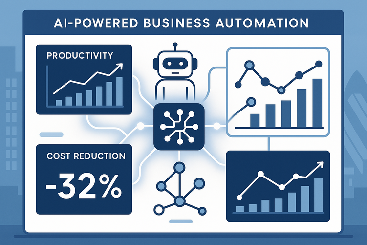 Digital dashboard displaying AI automation metrics including 40% productivity increase and 30% cost reduction graphs, with interconnected icons representing chatbots, supply chain analytics, and machine learning workflows on a modern blue interface.