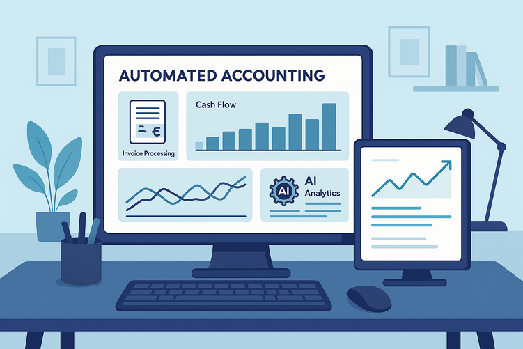 Modern accounting dashboard with AI-powered analytics displaying automated financial reports, invoice processing metrics, and real-time cash flow graphs on digital screens in a professional workspace.
