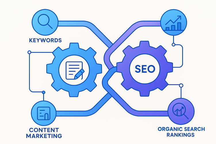 Digital illustration depicting content marketing and SEO as interconnected gears with surrounding icons for keywords, analytics graphs, and content strategy elements, representing an integrated marketing approach.