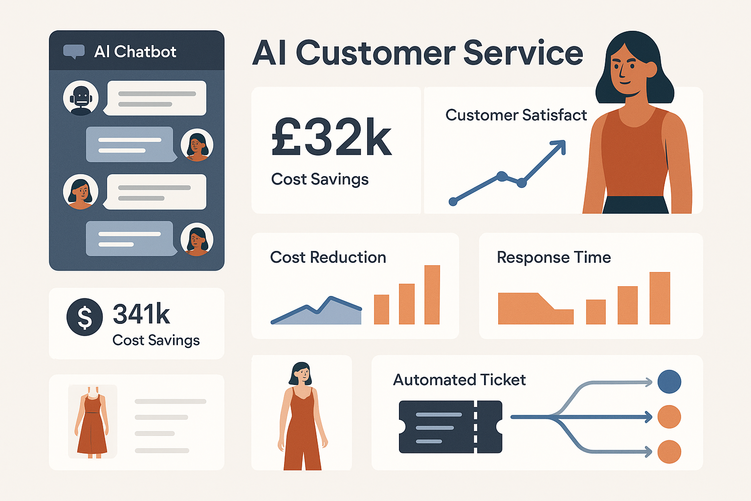 Digital dashboard showing AI chatbot interface with declining cost graphs from £32,400 to £16,200, response time metrics improving from 6-8 hours to under 2 hours, and customer satisfaction scores increasing by 23%, illustrating e-commerce customer service automation success.