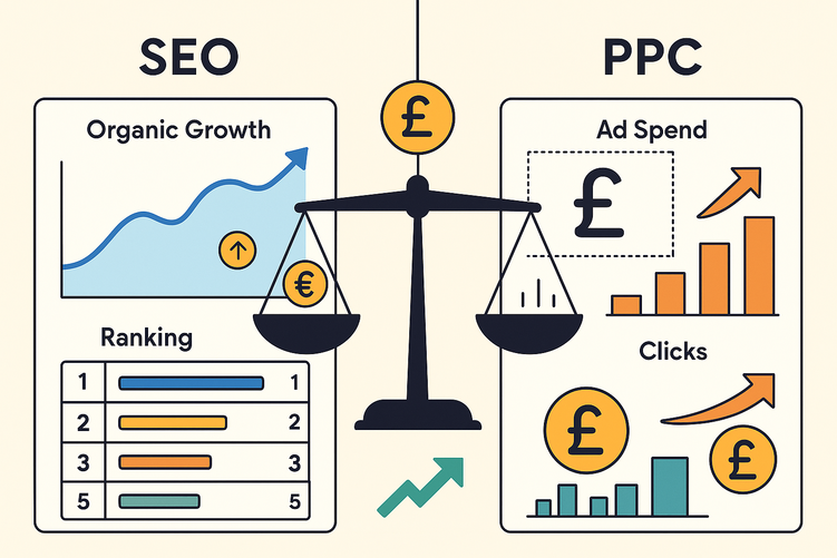 Split-screen marketing dashboard displaying SEO organic growth charts on the left and PPC paid advertising metrics on the right, with a central balance scale and UK pound sterling symbols.