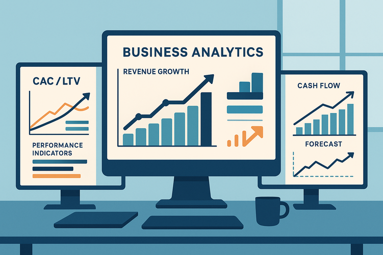 Modern business dashboard showing upward trending financial charts, growth metrics, and cash flow projections on computer monitors in a professional office environment.