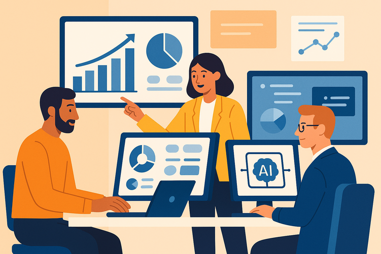 Small business owner reviewing AI-powered analytics dashboard showing growth metrics and customer data on a computer screen in a modern office environment.