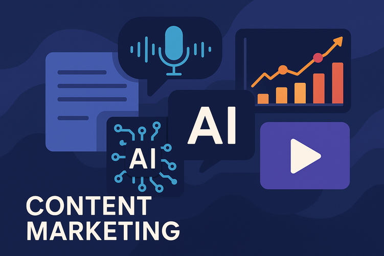 Modern digital marketing dashboard displaying AI-powered tools, video content icons, analytics graphs, and voice search symbols representing 2025 content marketing trends for UK small businesses.