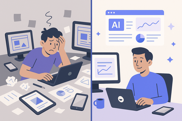Split-screen image comparing a chaotic freelancer workspace on the left with an organized, AI-enhanced workspace on the right, illustrating business transformation through automation.