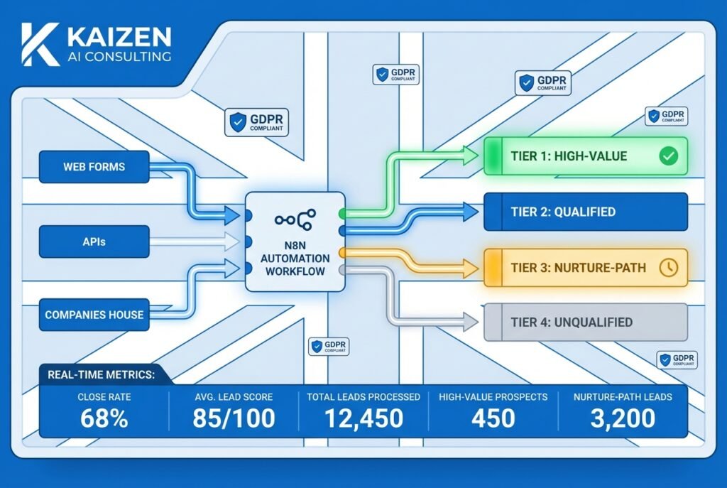A futuristic digital dashboard displaying an N8N automation workflow with AI lead scoring tiers, data enrichment streams from Companies House and third-party APIs, and real-time sales metrics in a blue and white British business-themed interface.