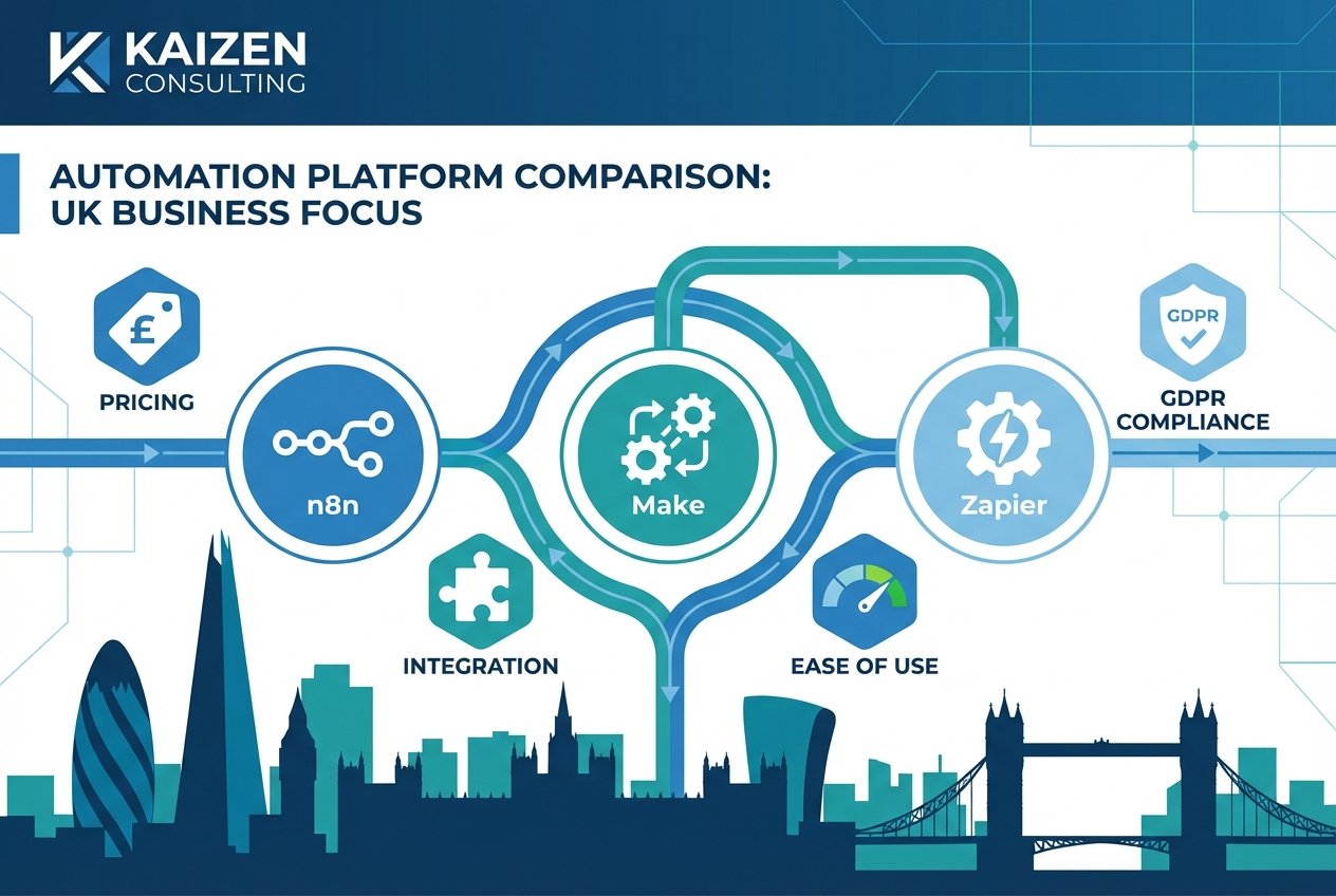 Side-by-side comparison graphic of n8n, Make, and Zapier automation platforms with icons for pricing, integrations, GDPR compliance, and ease of use set against a subtle UK-themed business background.