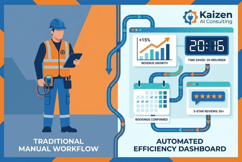 Split-screen image showing a professional electrician in high-visibility work gear alongside glowing digital automation dashboards displaying scheduling systems, invoicing interfaces, and performance metrics with upward trending graphs.