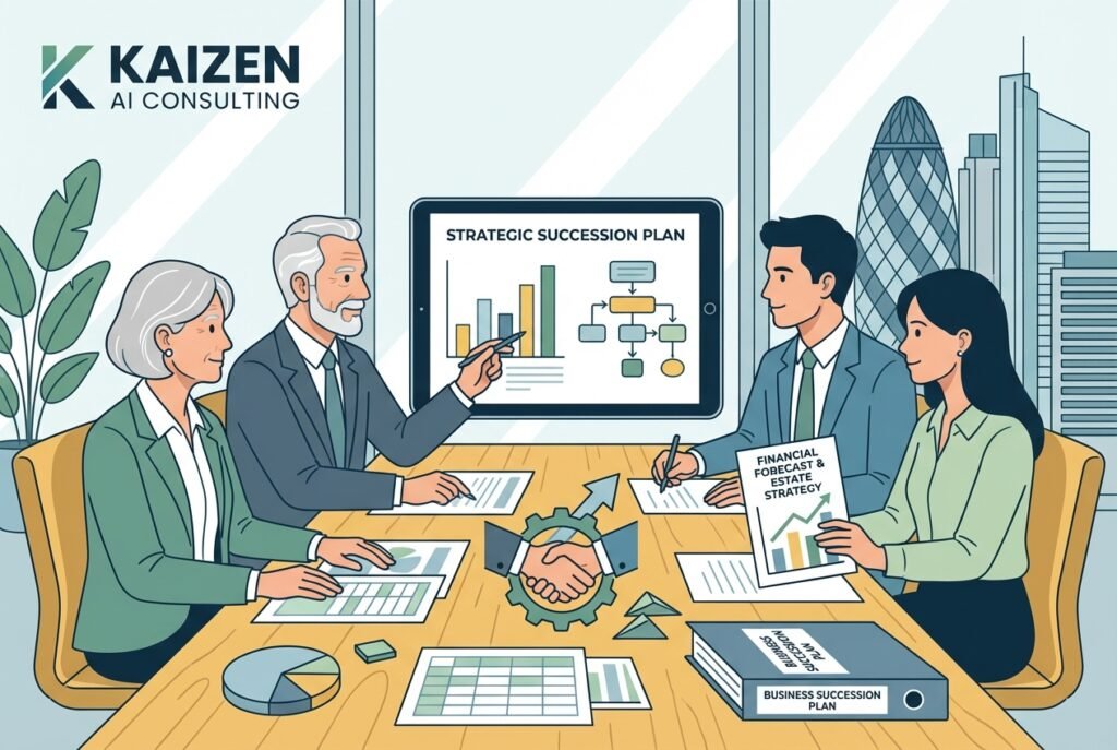 Senior and younger business professionals collaborating over financial documents and planning materials in a modern office, representing family business succession planning across generations.