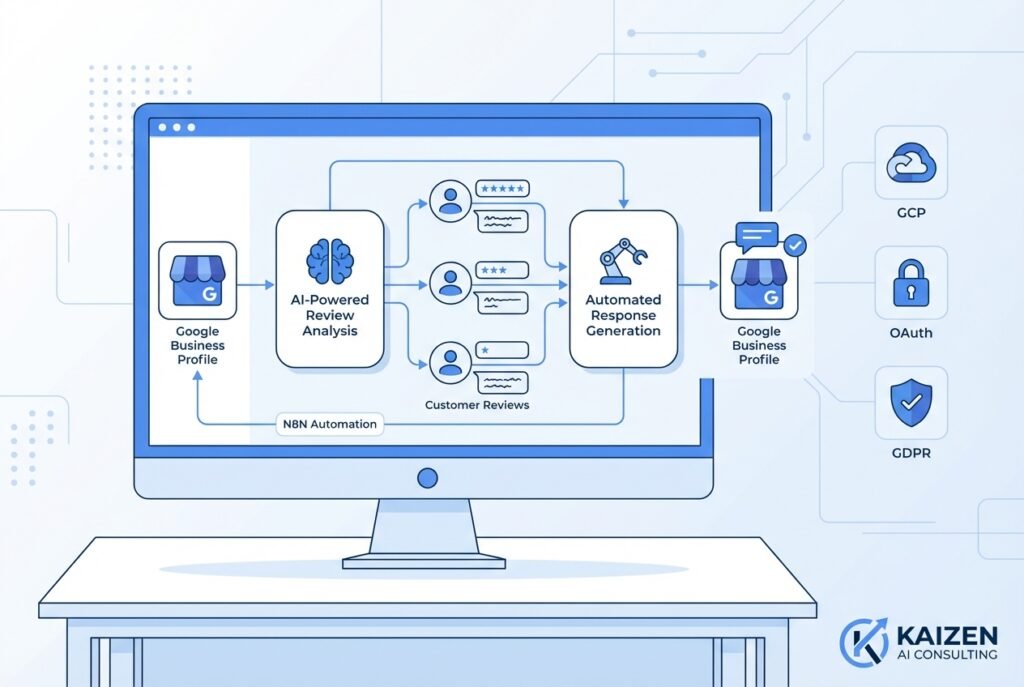 Computer monitor displaying an N8N automation workflow dashboard with interconnected nodes linking Google Business Profile review monitoring to AI-powered response generation, surrounded by icons representing OAuth security, star ratings, and compliance shields on a clean blue workspace.