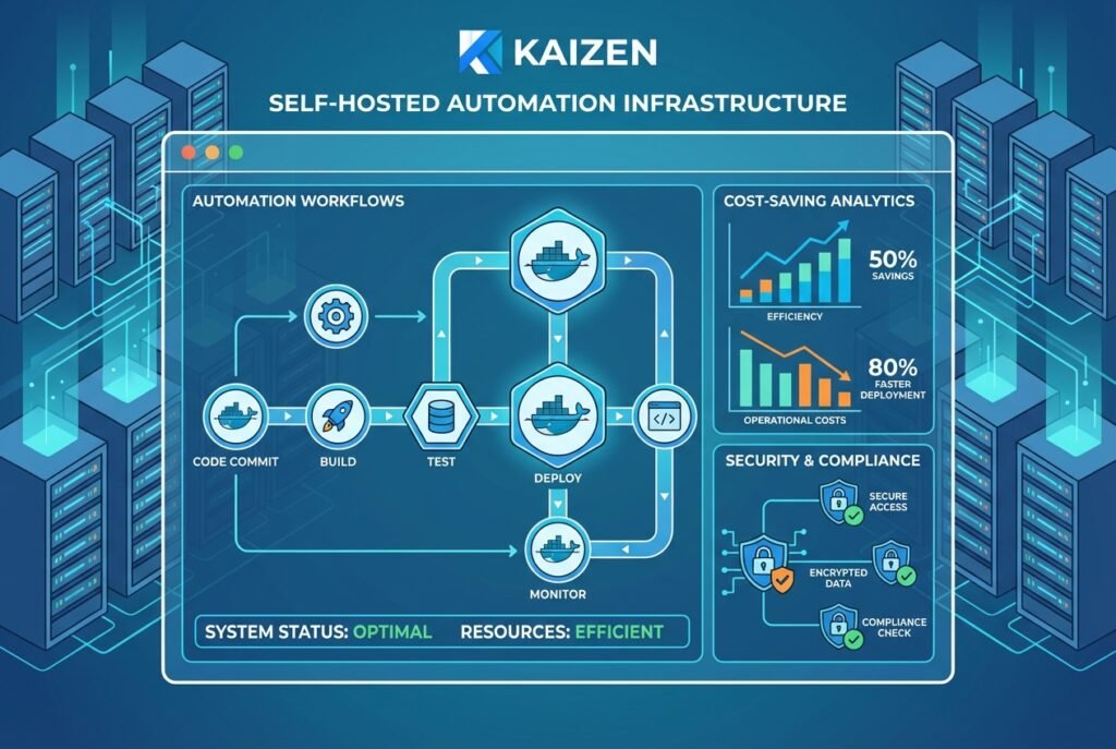 Modern server rack with glowing blue connections displaying an n8n automation workflow dashboard featuring Docker containers, cost analytics graphs, security padlock icons, and interconnected workflow pipeline nodes.