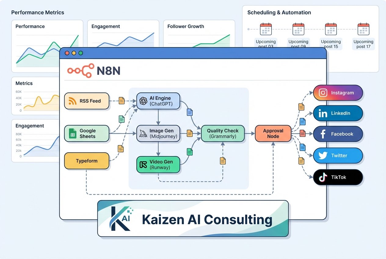 A digital dashboard displaying an N8N automation workflow connecting AI content generation nodes to multiple social media platform icons, with visible scheduling timelines, engagement metric charts, and data flow lines on a dark modern interface.