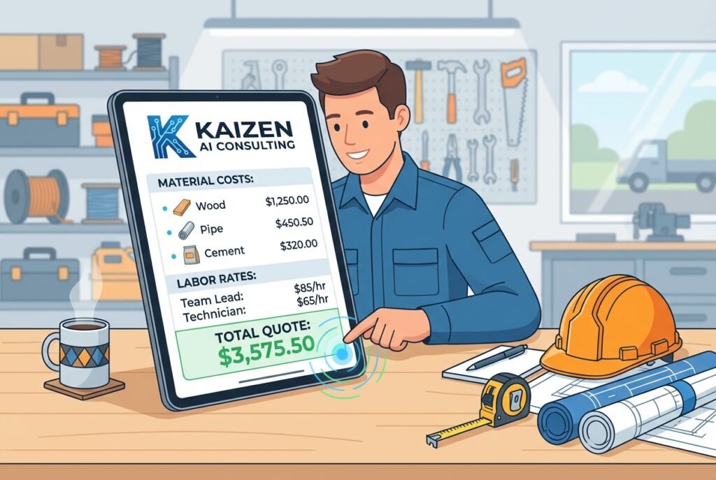 A trades professional reviews an AI-generated itemized quote on a tablet screen displaying material costs and labor rates, surrounded by construction tools, blueprints, and a hard hat on a modern workspace desk.