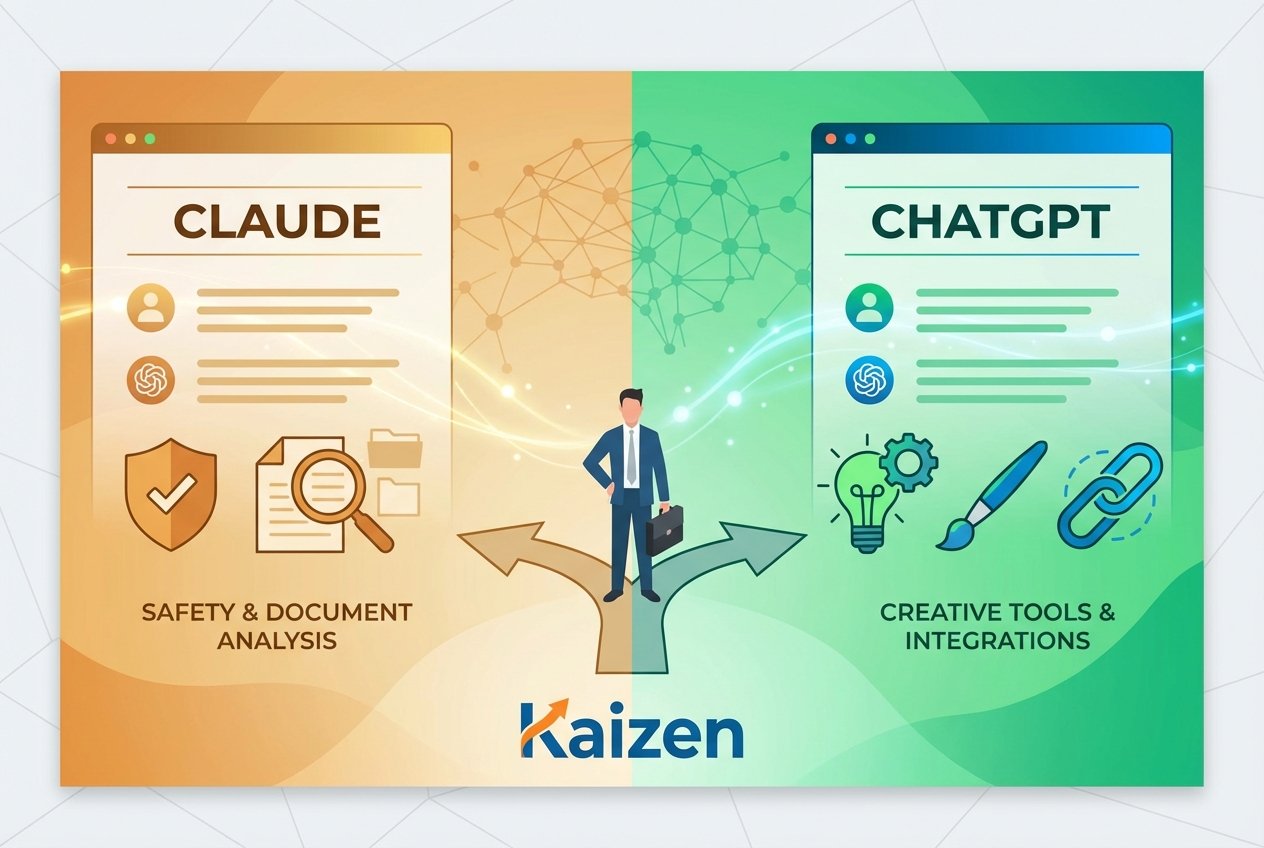 Split-screen digital illustration comparing Claude and ChatGPT AI assistants, with a business professional standing at a central crossroads between an amber-toned safety-focused interface on the left and a green-toned creativity-focused interface on the right, connected by abstract neural network patterns.