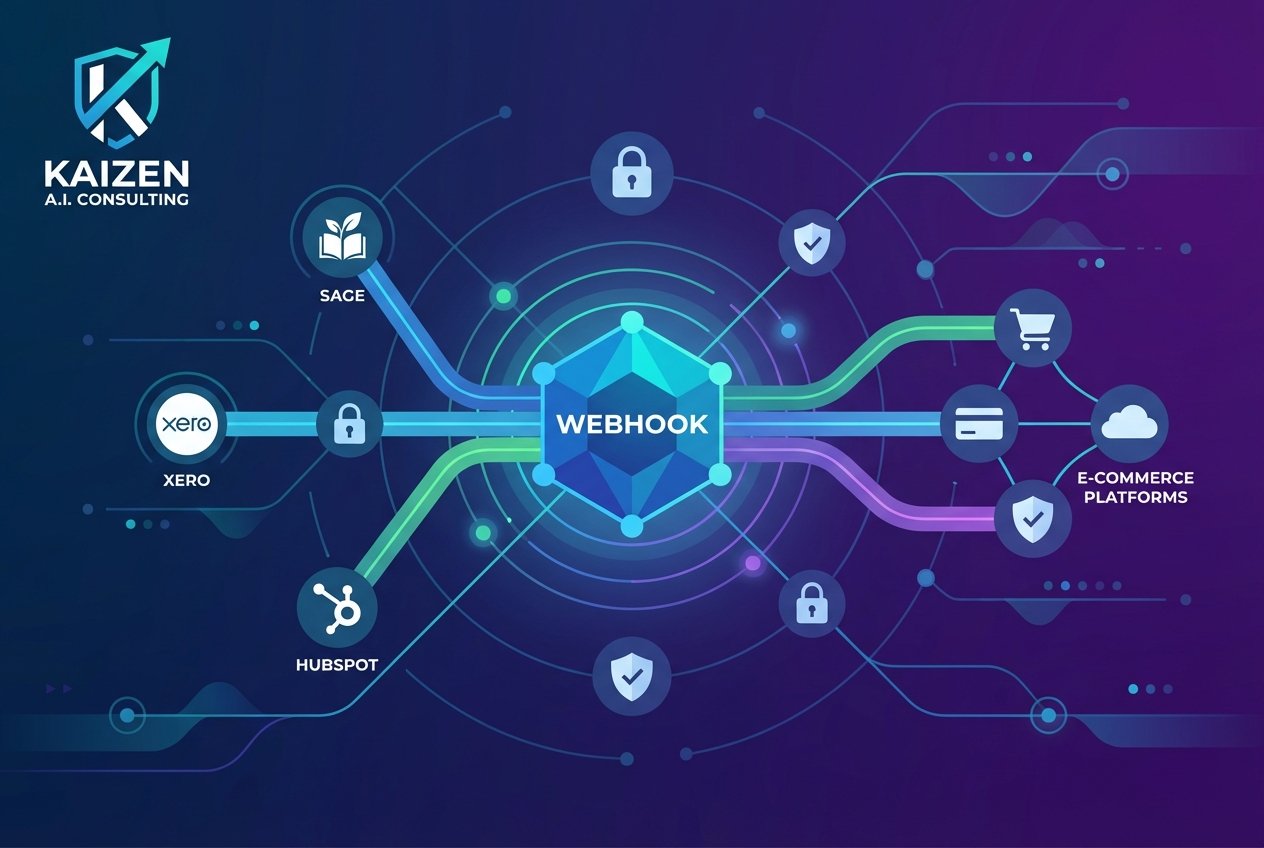 Digital illustration of a central n8n webhook node connected by glowing data streams to business application icons including Xero, Sage, and HubSpot, with security shield elements on a dark gradient background.