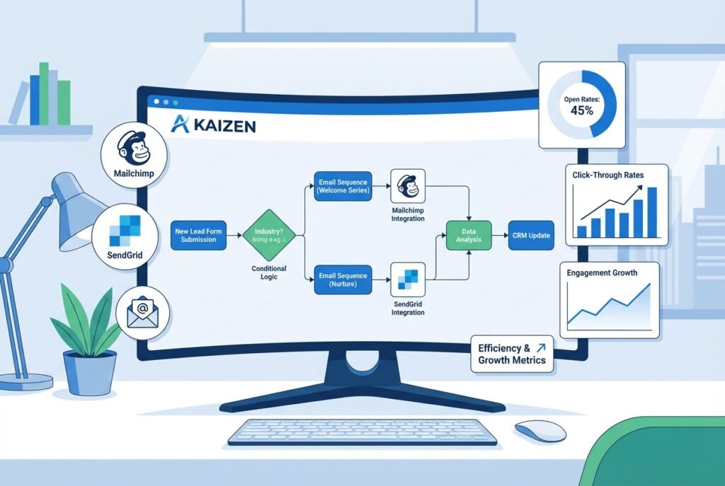 A digital workspace displaying an N8N automation workflow on a monitor with interconnected email sequence nodes, conditional logic branches, and floating icons for Mailchimp and SendGrid integrations alongside performance metric charts in blue and green tones.