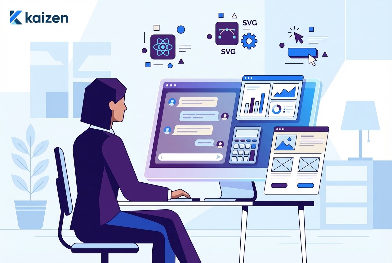 A professional at a modern desk engaging with a luminous AI chat interface from which colorful dashboard panels, calculator widgets, and web application wireframes emerge, surrounded by floating icons representing React components and SVG graphics against a deep purple and blue gradient background.