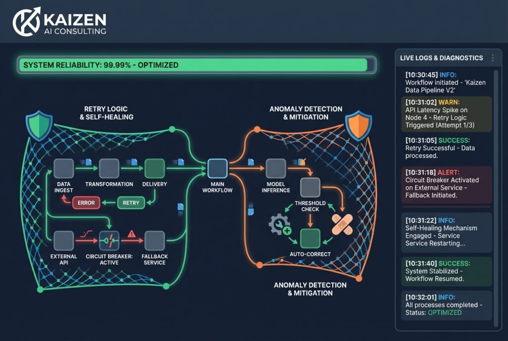 A dark-themed n8n automation dashboard displaying interconnected workflow nodes with shield icons representing error handling, retry loops, and circuit breaker patterns, alongside a green system-status bar and a structured logging panel.