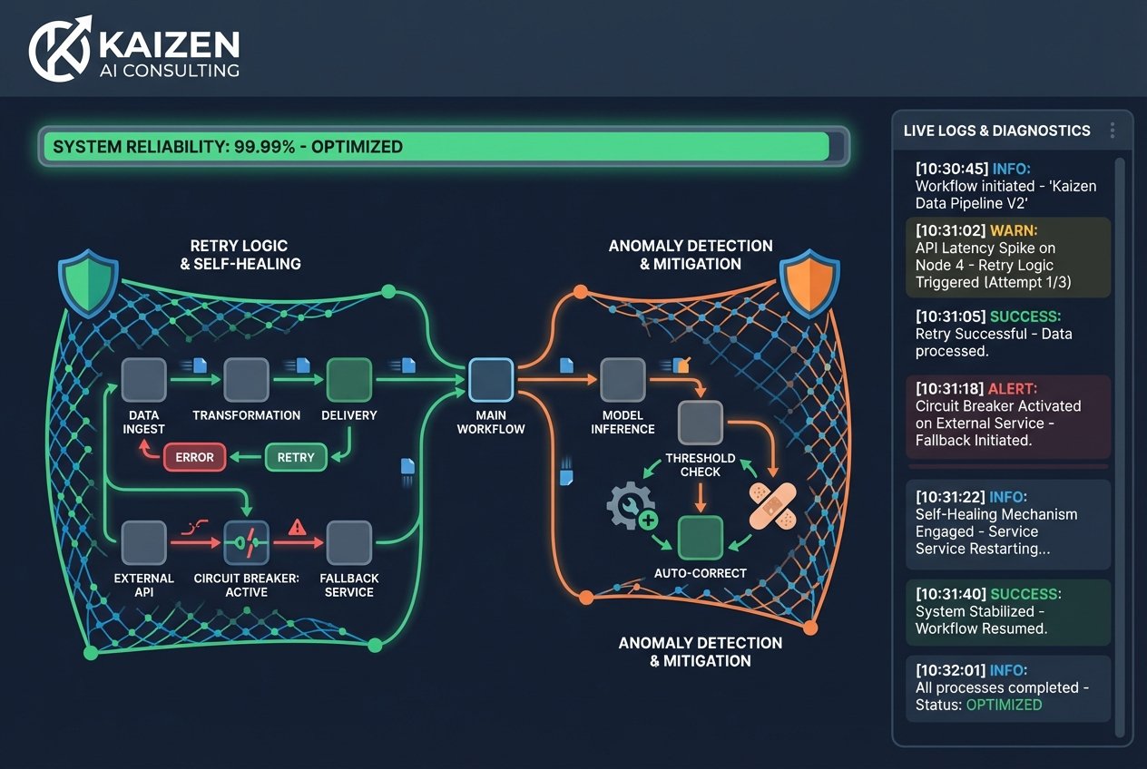 A dark-themed n8n automation dashboard displaying interconnected workflow nodes with shield icons representing error handling, retry loops, and circuit breaker patterns, alongside a green system-status bar and a structured logging panel.