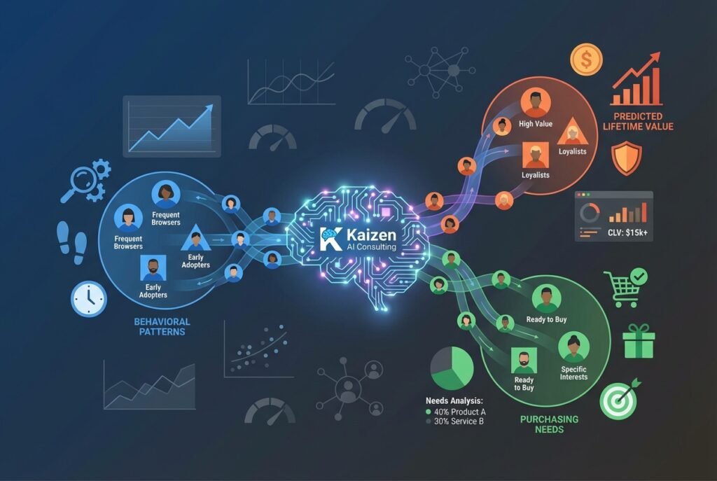 Digital illustration of an AI-driven segmentation engine with a central glowing neural network sorting diverse customer profile icons into colour-coded behavioural, predictive, value-based, and needs-based clusters, surrounded by data dashboards and metric visualisations on a dark gradient background.