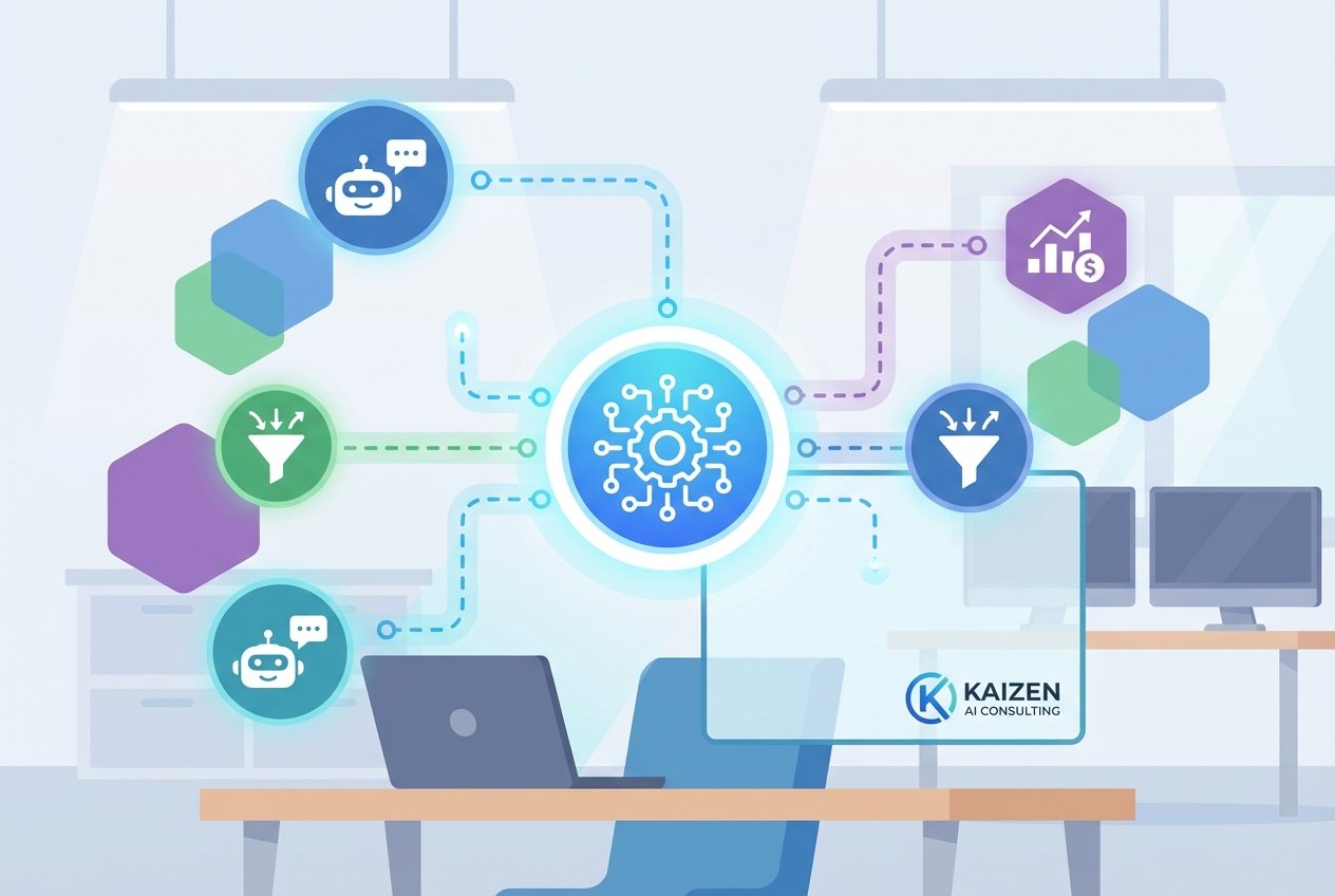 Futuristic digital illustration showing interconnected AI agent nodes linked by glowing pathways to customer support, lead qualification, and financial process icons, all centered around a central n8n automation hub on a dark gradient background.