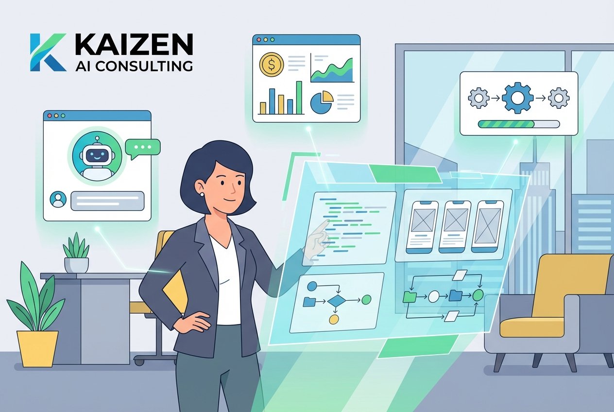 Business professional in a modern office using a glowing AI-powered interface to build custom applications, surrounded by floating holographic panels showing a chatbot, financial dashboard, and automation workflow diagrams.