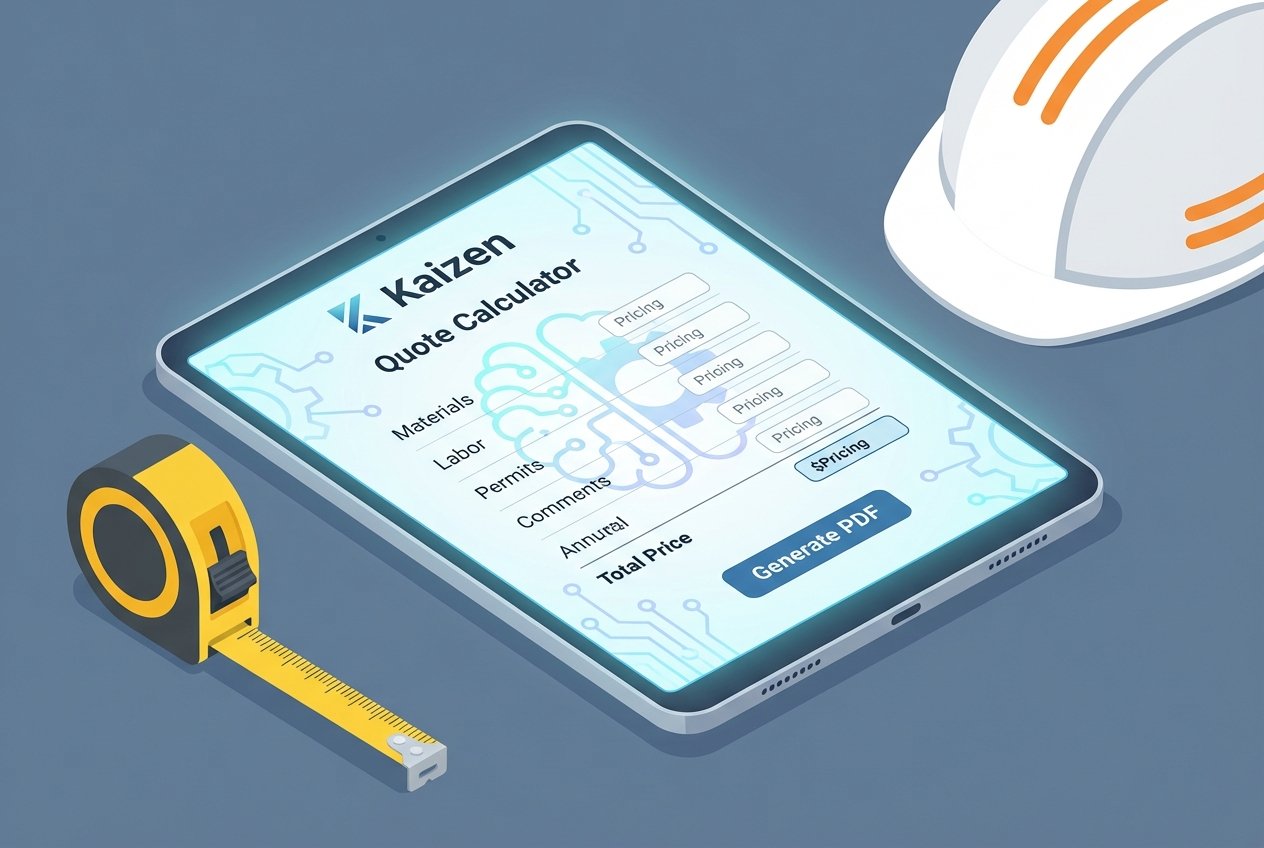 A tablet on a workshop desk displaying a digital quote calculator interface with pricing fields and a PDF generation button, surrounded by trade tools including a hard hat and measuring tape, with subtle glowing AI circuit patterns in the background.