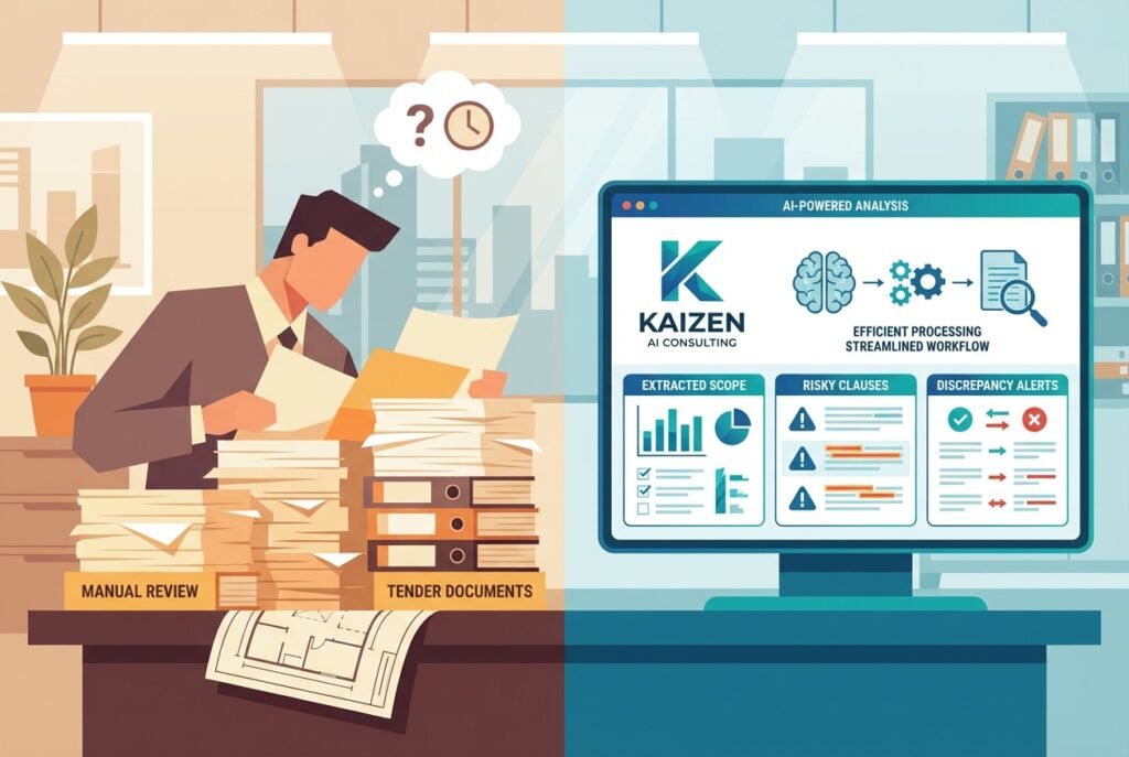 Split-view construction office scene showing a stack of printed tender documents beside a digital dashboard displaying AI-extracted scope requirements, flagged risky contract clauses, and document discrepancy alerts in a blue-teal interface.