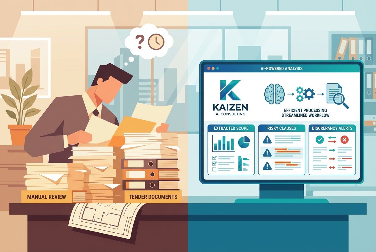 Split-view construction office scene showing a stack of printed tender documents beside a digital dashboard displaying AI-extracted scope requirements, flagged risky contract clauses, and document discrepancy alerts in a blue-teal interface.